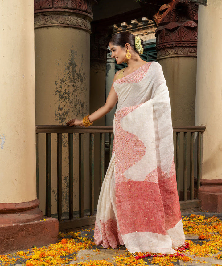 White red linen sequin handloom bengal saree