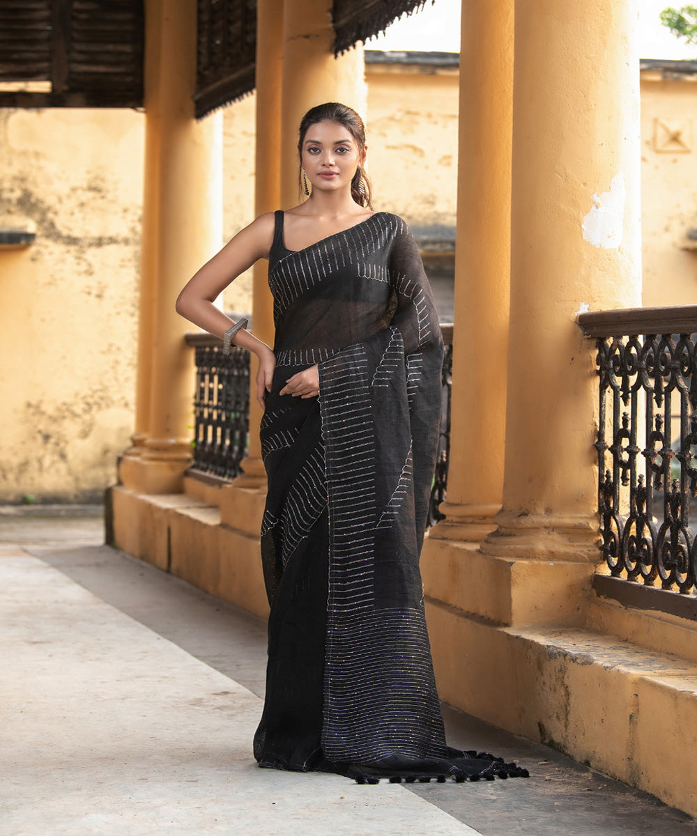 Black linen sequin bengal handwoven saree