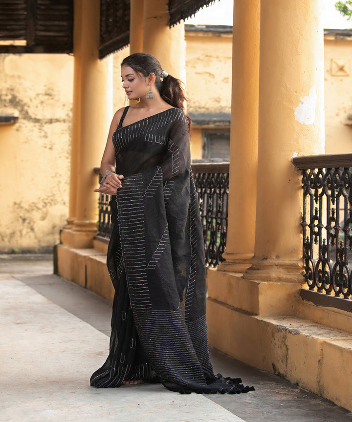 Black linen sequin bengal handwoven saree