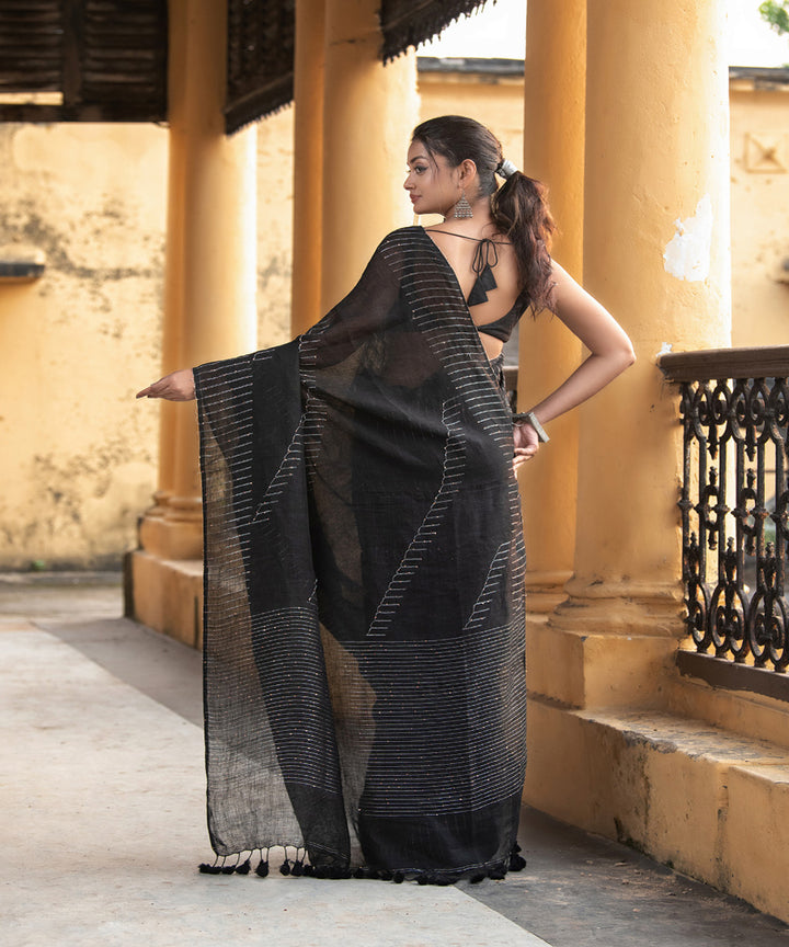 Black linen sequin bengal handwoven saree