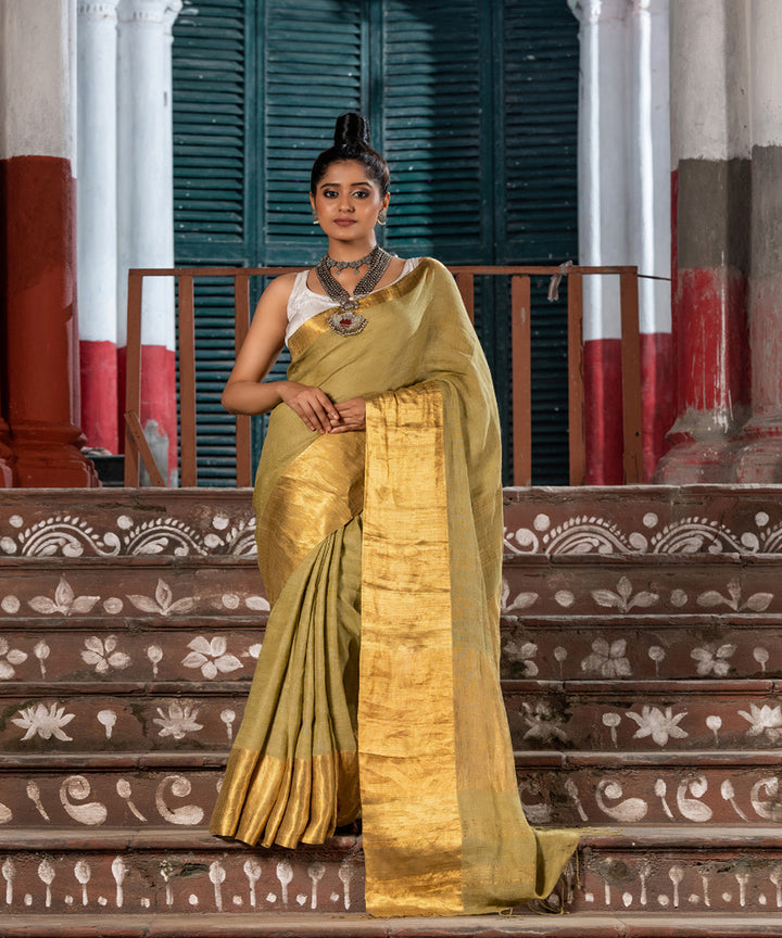 Moss green linen handloom bengal saree