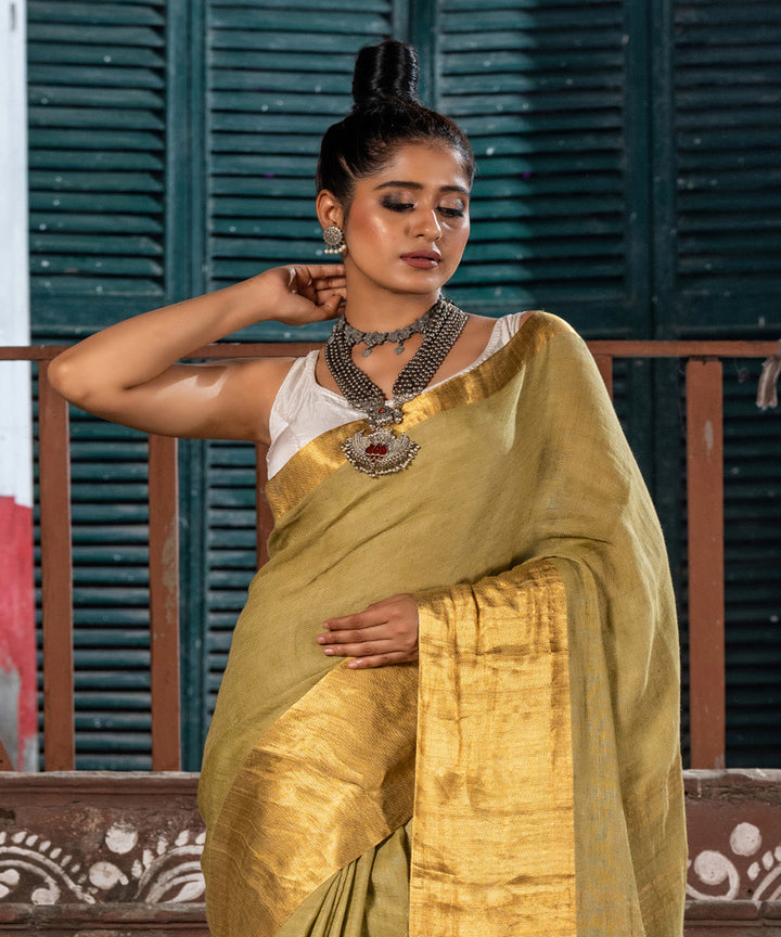 Moss green linen handloom bengal saree