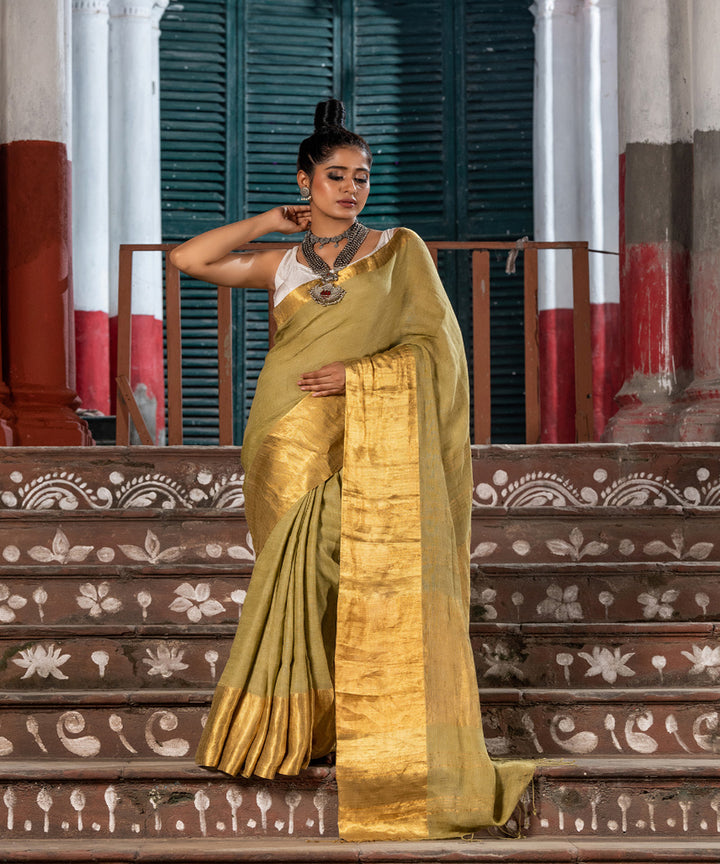 Moss green linen handloom bengal saree