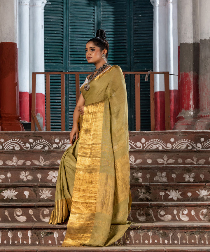 Moss green linen handloom bengal saree