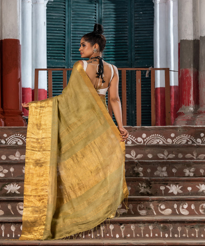 Moss green linen handloom bengal saree