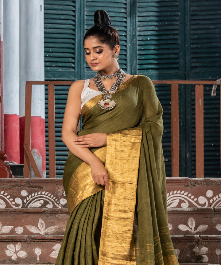Dark army green linen handloom bengal saree