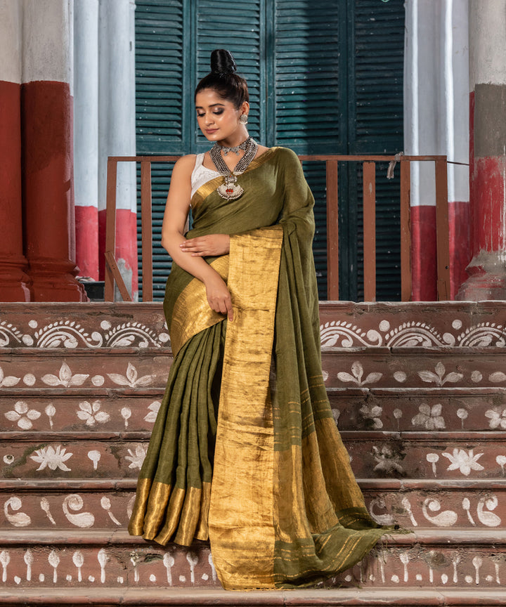 Dark army green linen handloom bengal saree