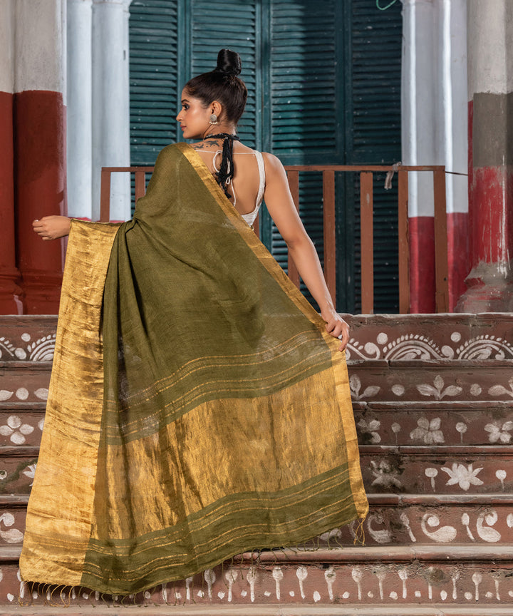 Dark army green linen handloom bengal saree