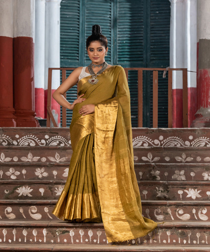 Olive green linen handloom bengal saree