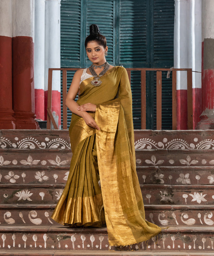 Olive green linen handloom bengal saree