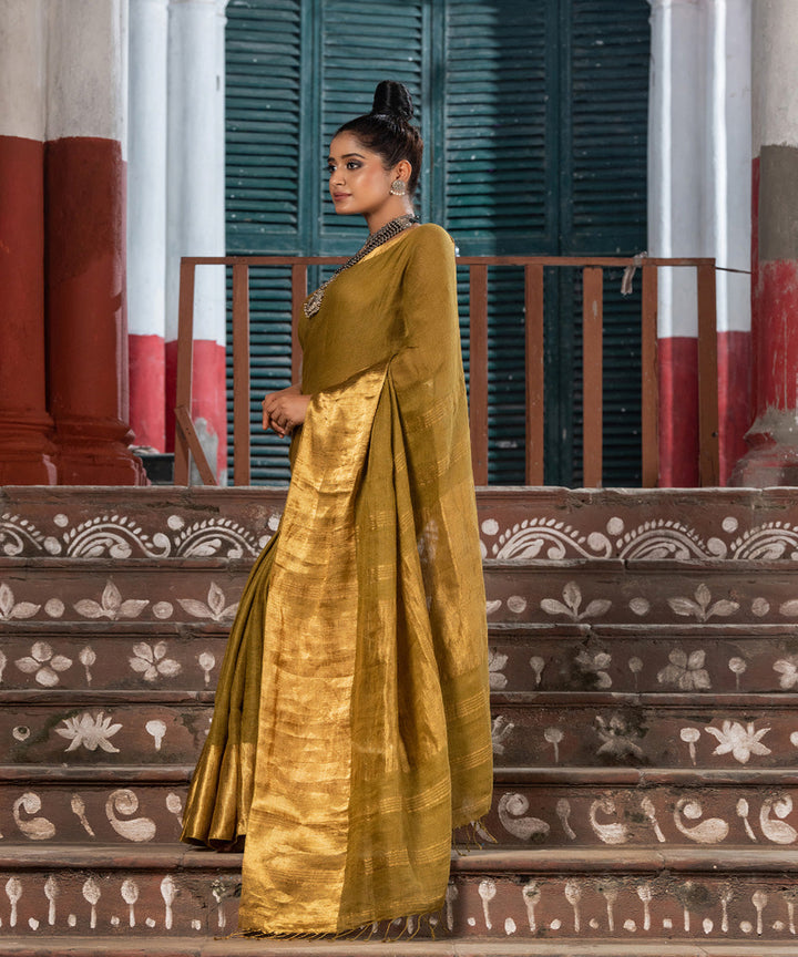 Olive green linen handloom bengal saree