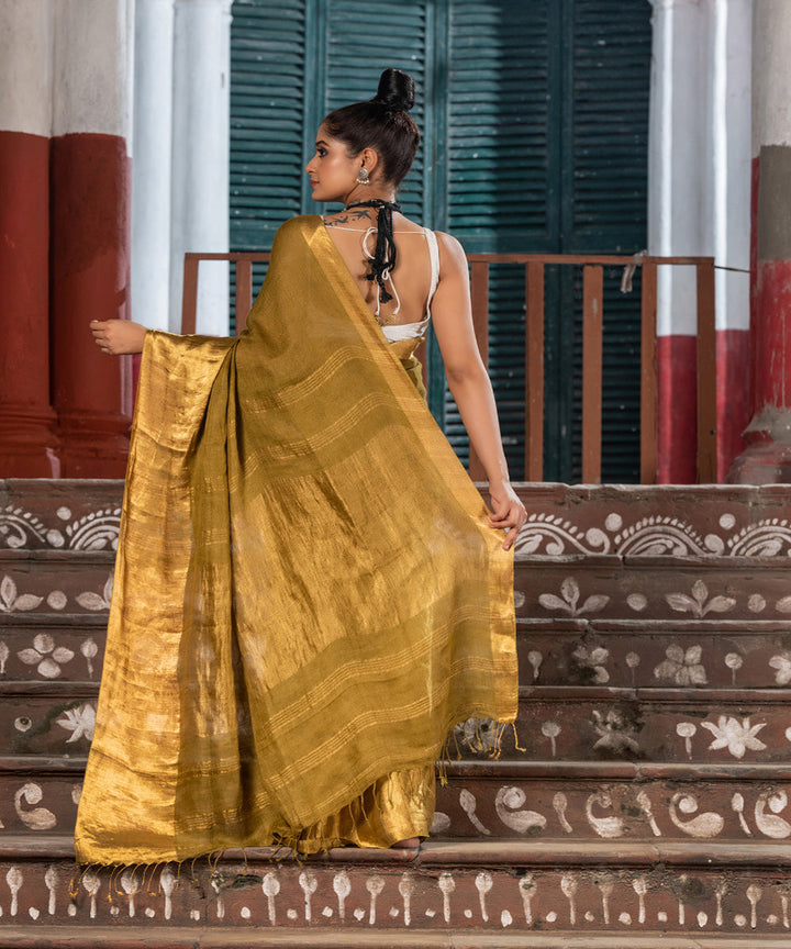 Olive green linen handloom bengal saree