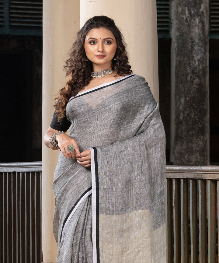 Grey black twill weave handwoven linen saree