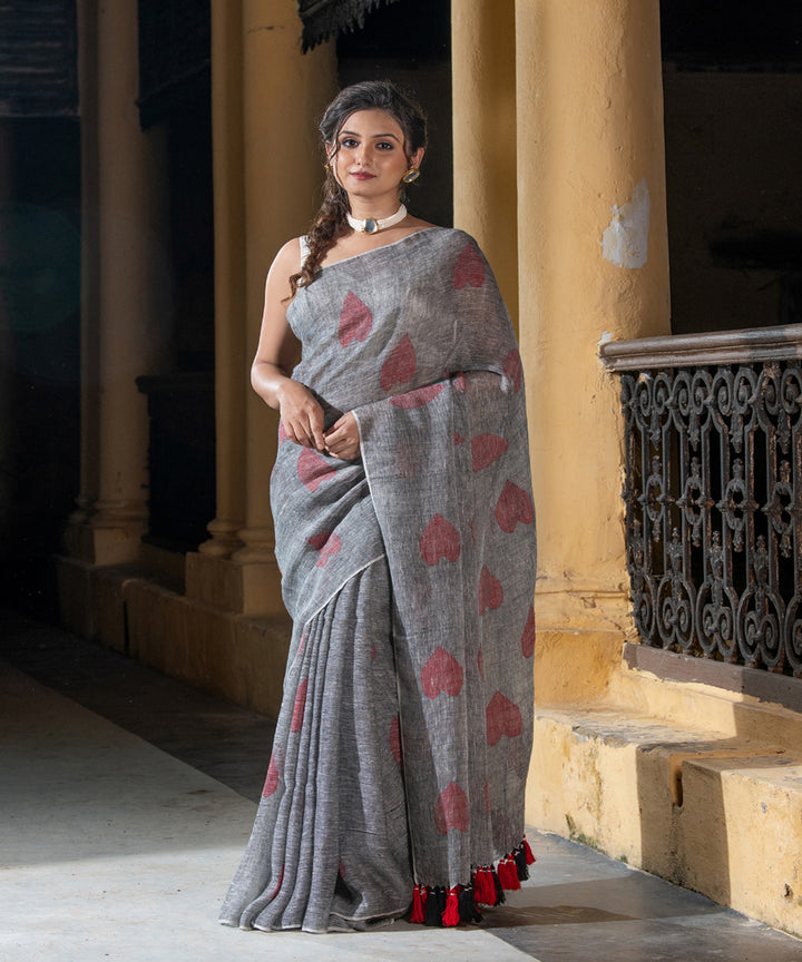 Grey red linen handwoven bengal saree