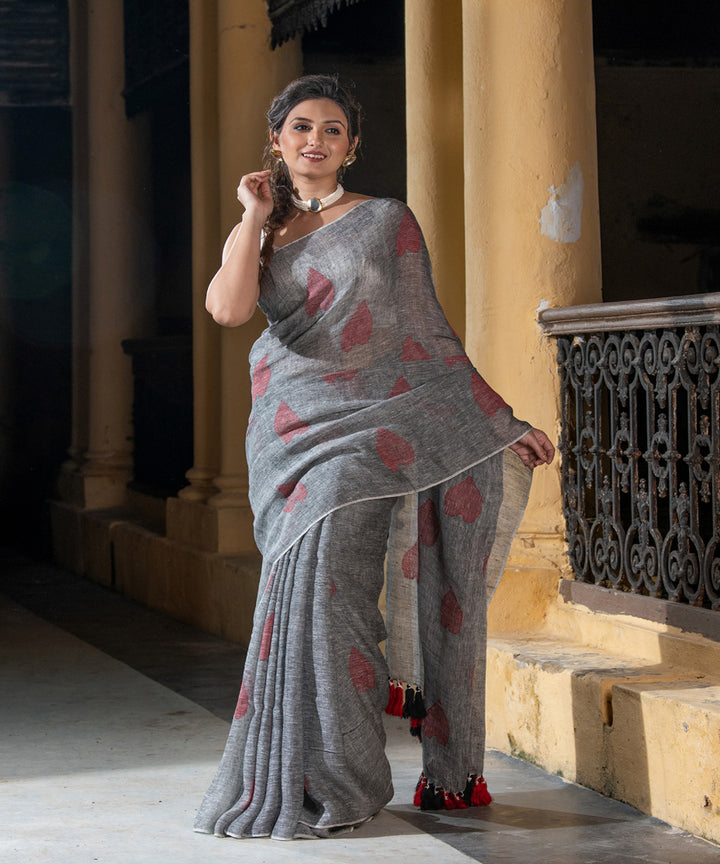 Grey red linen handwoven bengal saree
