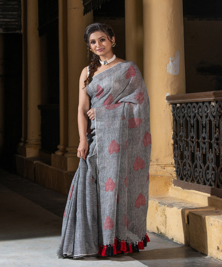 Grey red linen handwoven bengal saree
