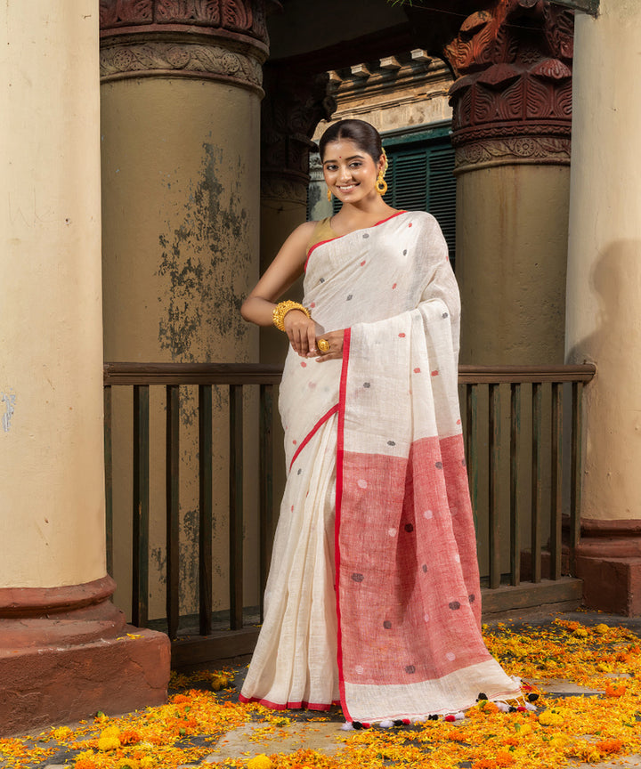 White red linen handloom bengal saree