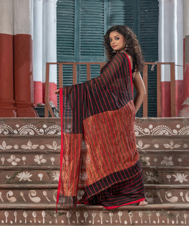 Black red linen zari stripes handloom bengal saree