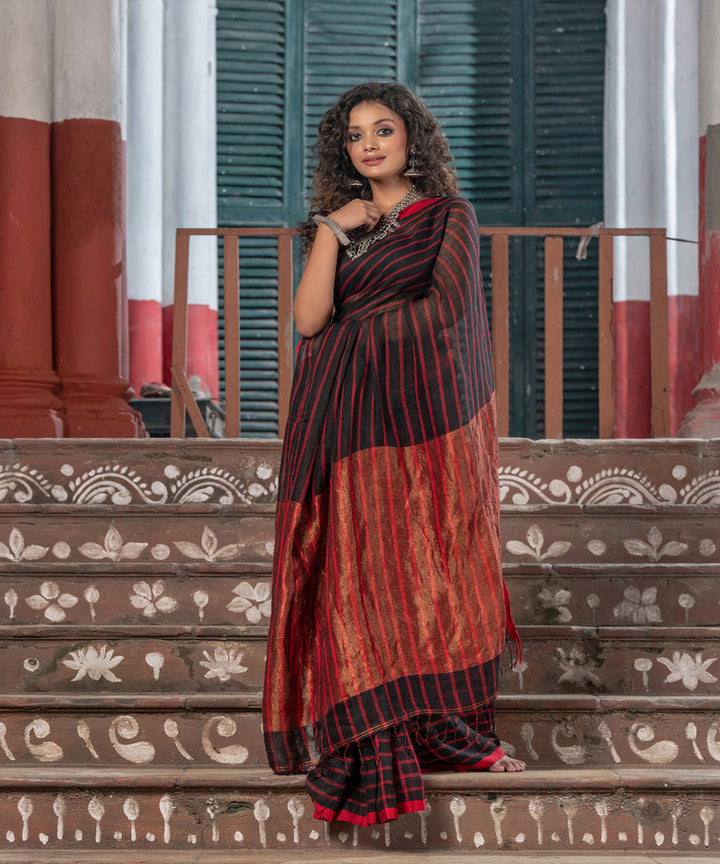 Black red linen zari stripes handloom bengal saree