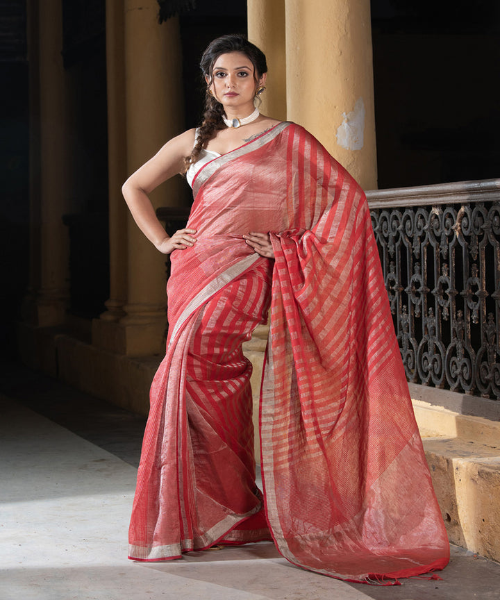 Dark gajari linen checks handloom bengal saree