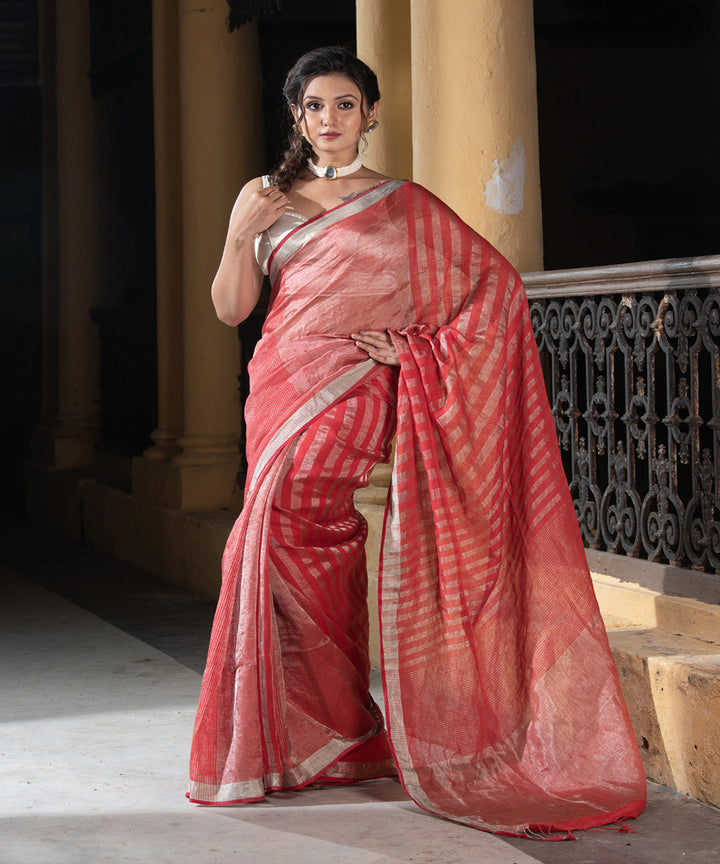 Dark gajari linen checks handloom bengal saree