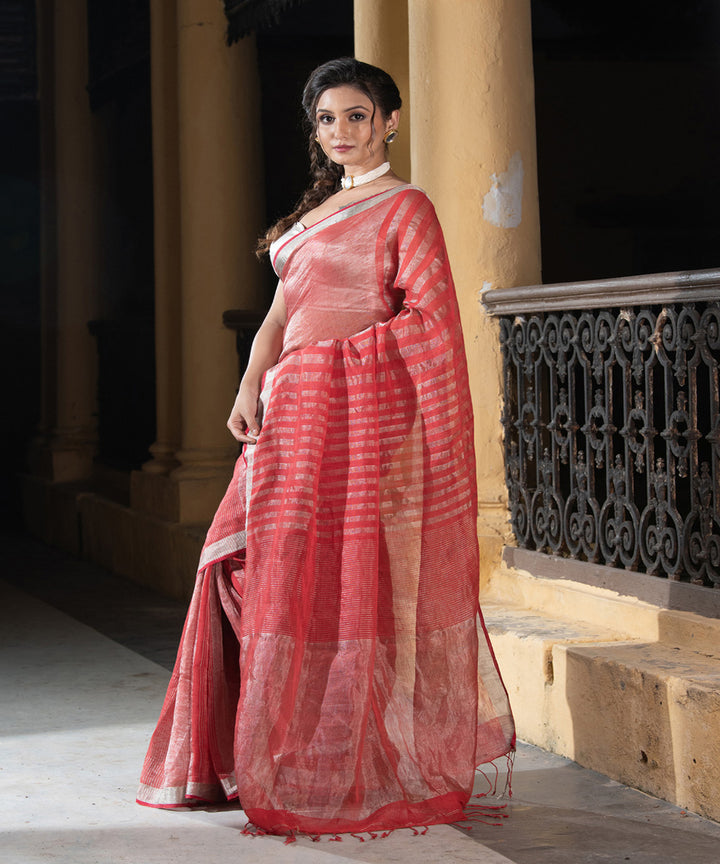 Dark gajari linen checks handloom bengal saree