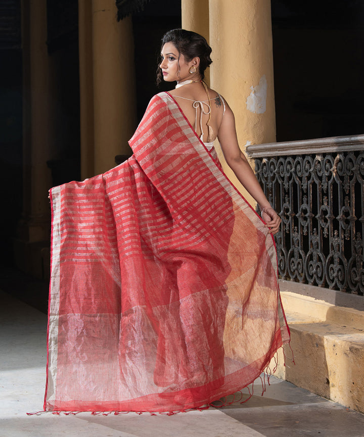 Dark gajari linen checks handloom bengal saree