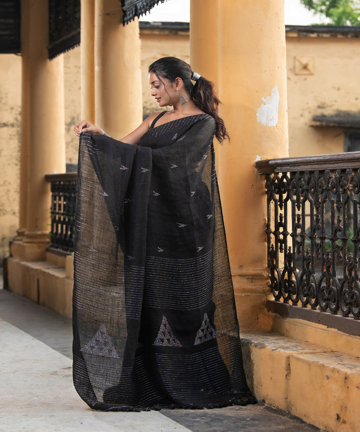 Black linen sequin handwoven bengal saree