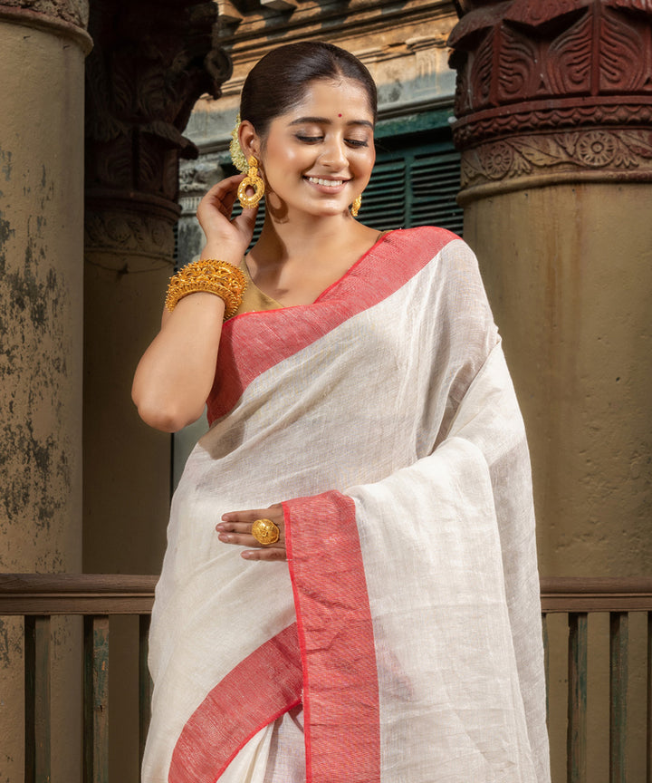 Offwhite red linen zari handloom bengal saree