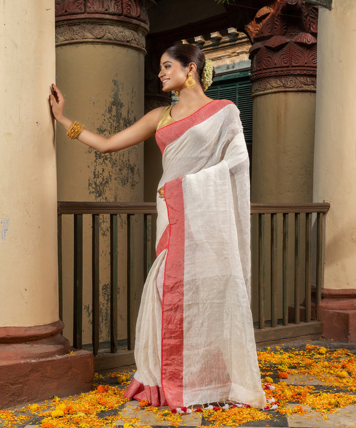 Offwhite red linen zari handloom bengal saree