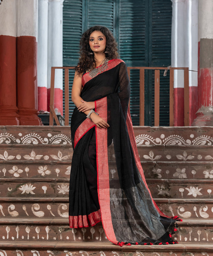 Black red linen zari handloom bengal saree