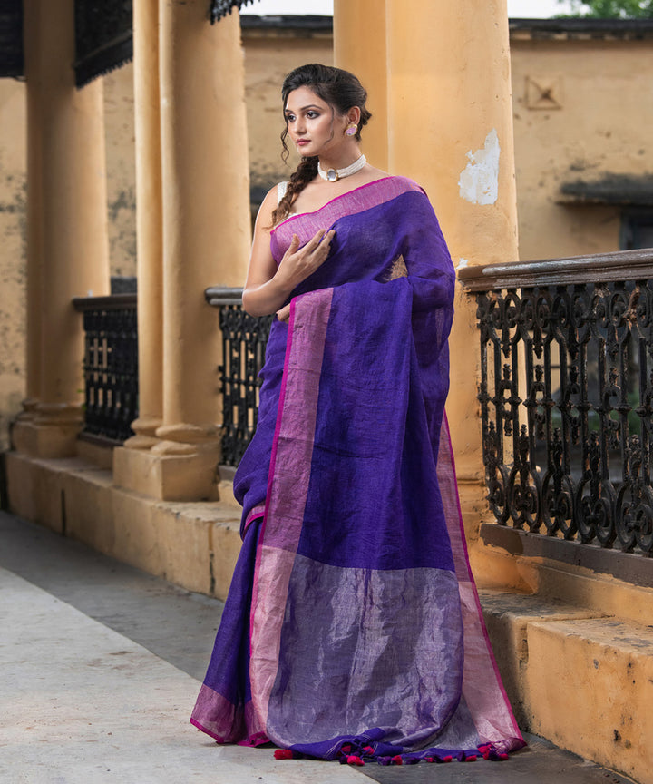 Blue pink linen zari handloom bengal saree