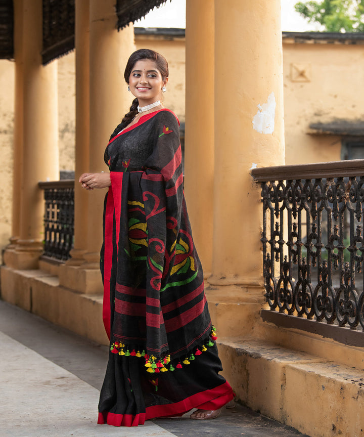 Black red linen jamdani handloom saree