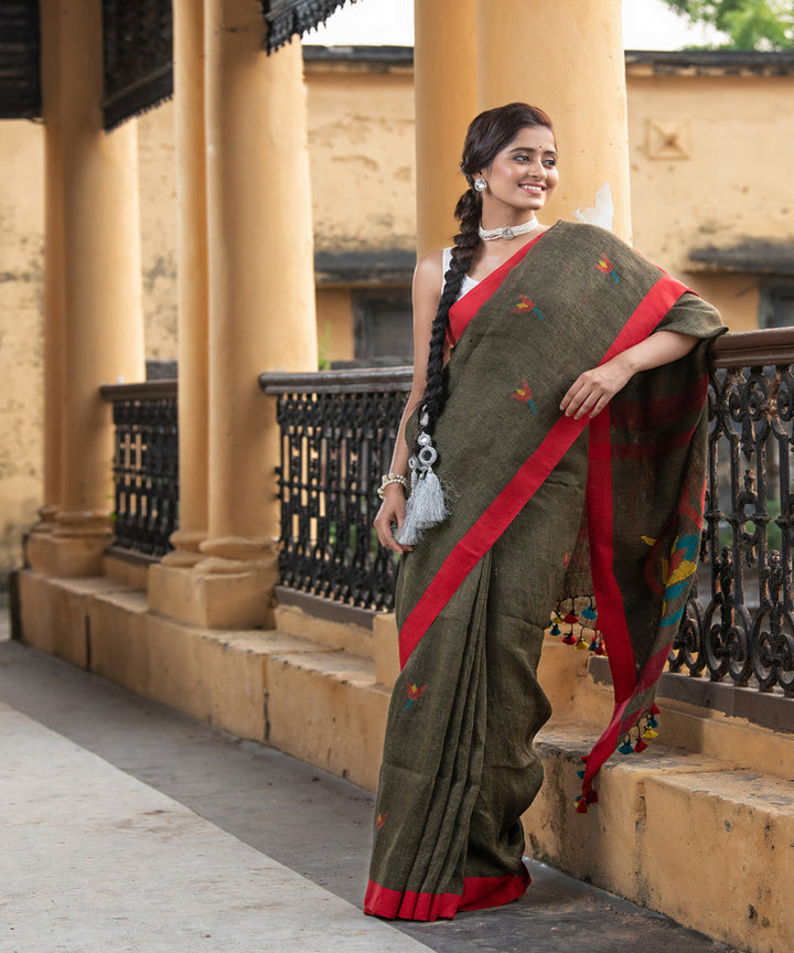 Sage green red linen handloom jamdani saree