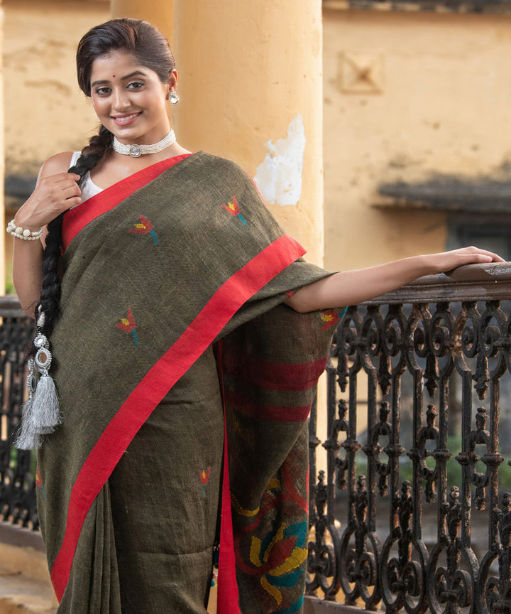 Sage green red linen handloom jamdani saree