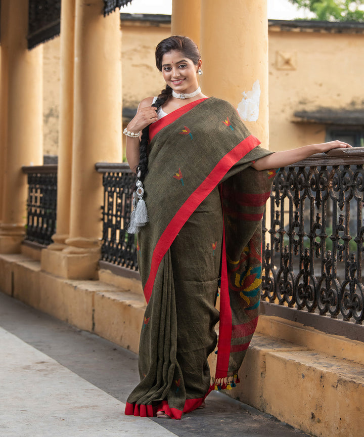 Sage green red linen handloom jamdani saree