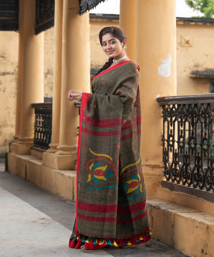 Sage green red linen handloom jamdani saree
