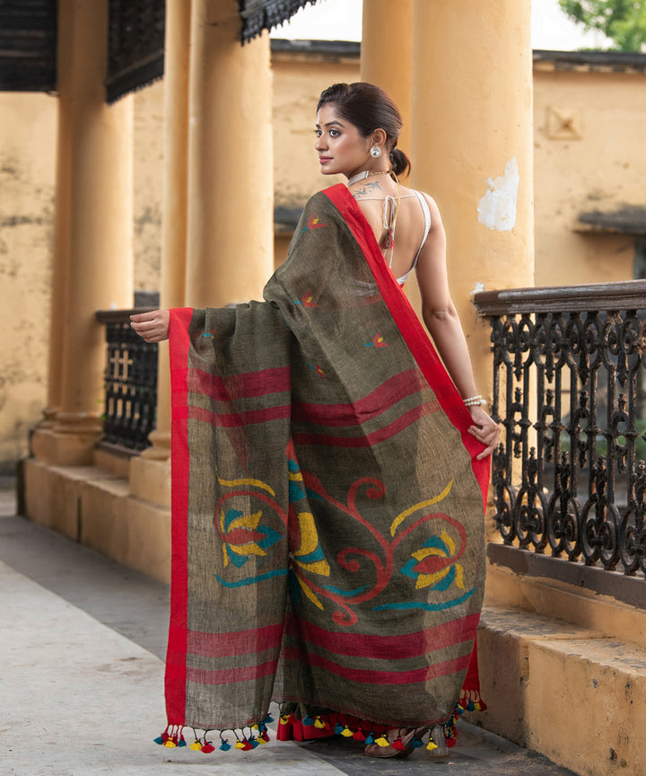 Sage green red linen handloom jamdani saree