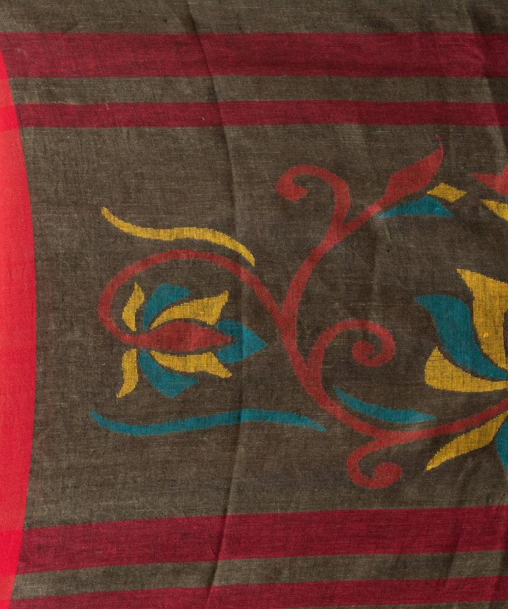 Sage green red linen handloom jamdani saree