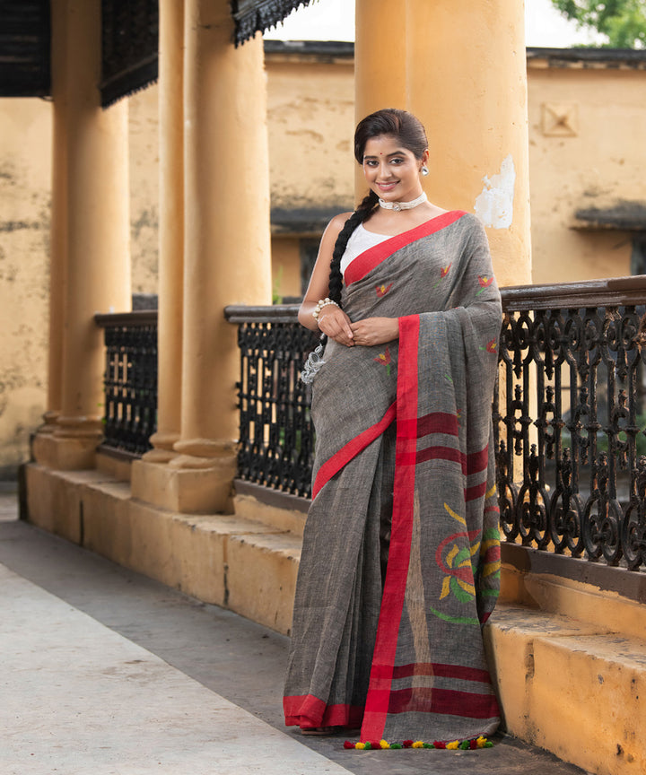 Grey red handloom jamdani linen saree