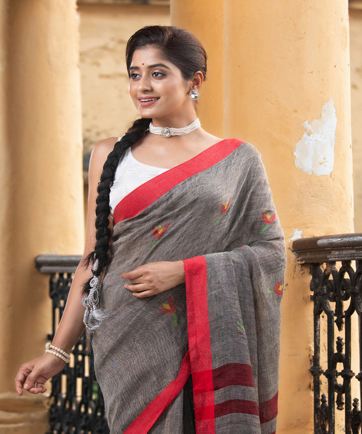 Grey red handloom jamdani linen saree