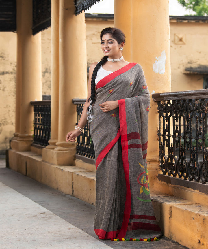 Grey red handloom jamdani linen saree