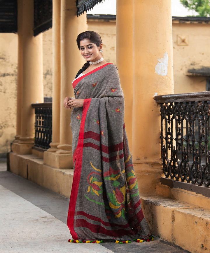 Grey red handloom jamdani linen saree