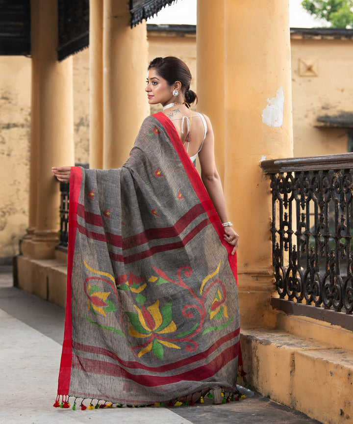 Grey red handloom jamdani linen saree