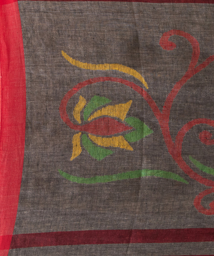 Grey red handloom jamdani linen saree