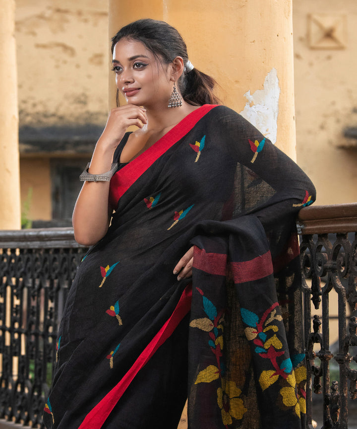 Black red linen handloom jamdani saree