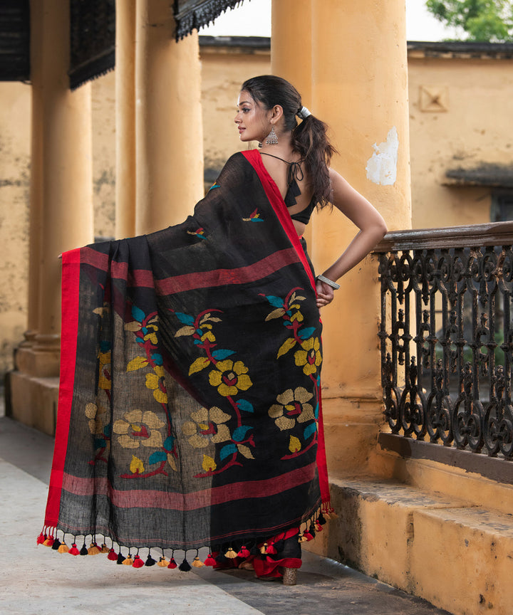Black red linen handloom jamdani saree