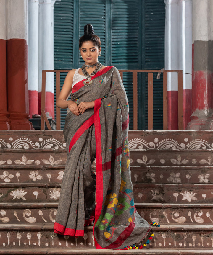 Grey red linen handloom jamdani saree