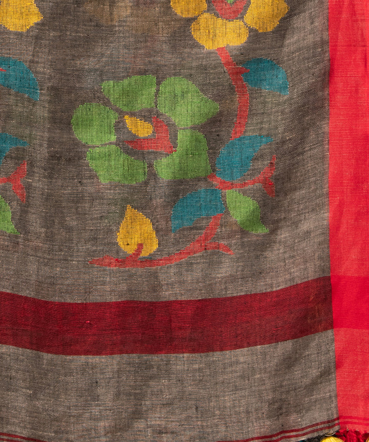 Grey red linen handloom jamdani saree