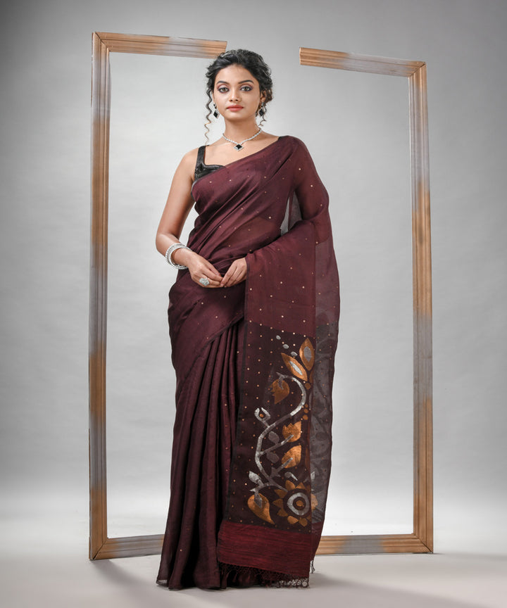 Maroon matka silk sequin bengal handloom jamdani saree